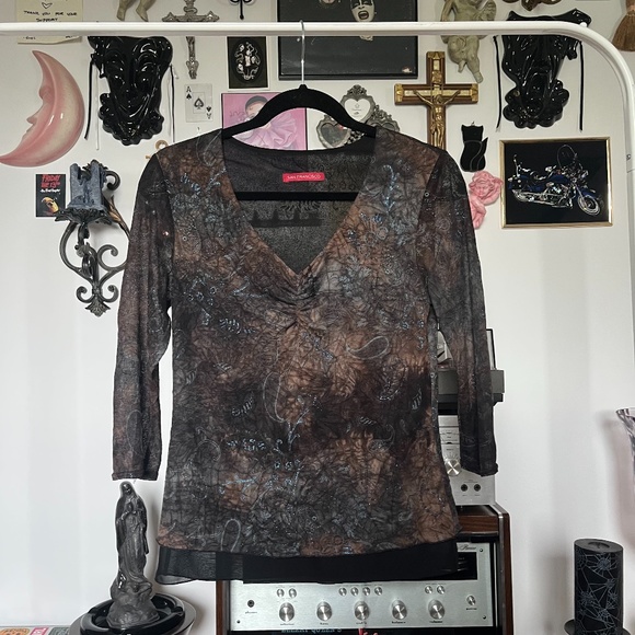 90s Whimsigoth Sheer Fairy Brown Blue Sparkle Top Vintage - Picture 1 of 6